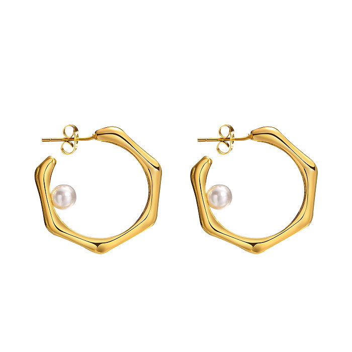Simple Style Solid Color Stainless Steel  Inlay Artificial Pearls Hoop Earrings
