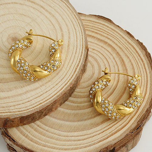 Runde Lady-Ohrringe aus Edelstahl mit vergoldeten Strasssteinen, 1 Paar