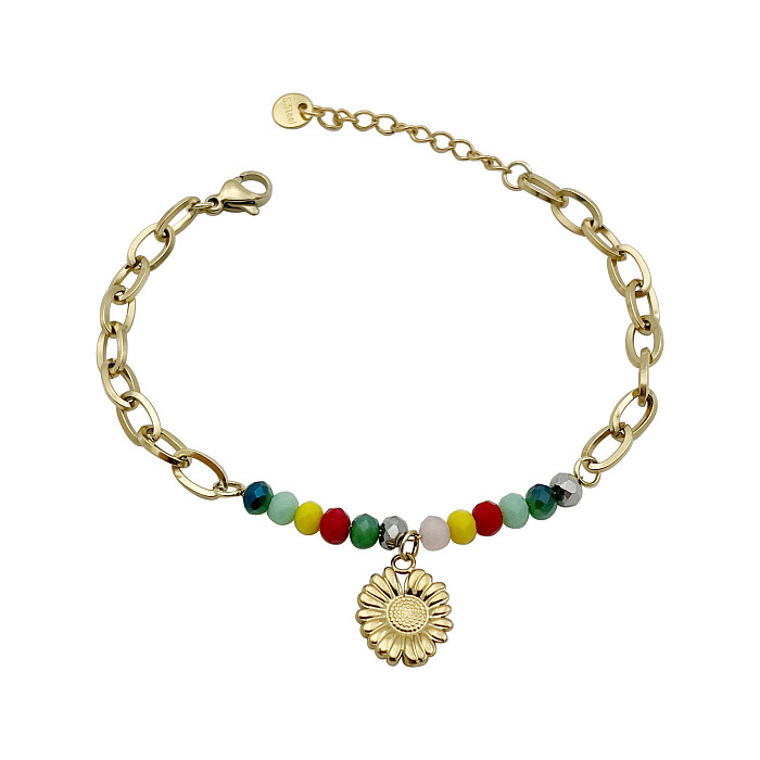 Bracelets plaqués or en forme de fleur, Style Simple et doux, en acier inoxydable, cristal artificiel, perles, Patchwork