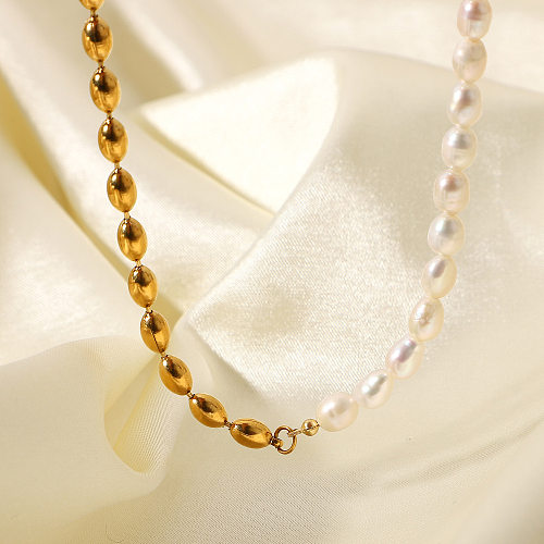 Europeu e americano semi-água doce pérola semi-18k banhado a ouro bola de contas simples joias de aço inoxidável colar curto joias da moda