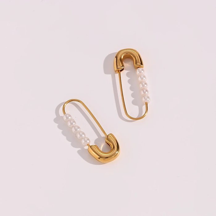 1 Pair Lady Paper Clip Imitation Pearl Stainless Steel Plating Earrings