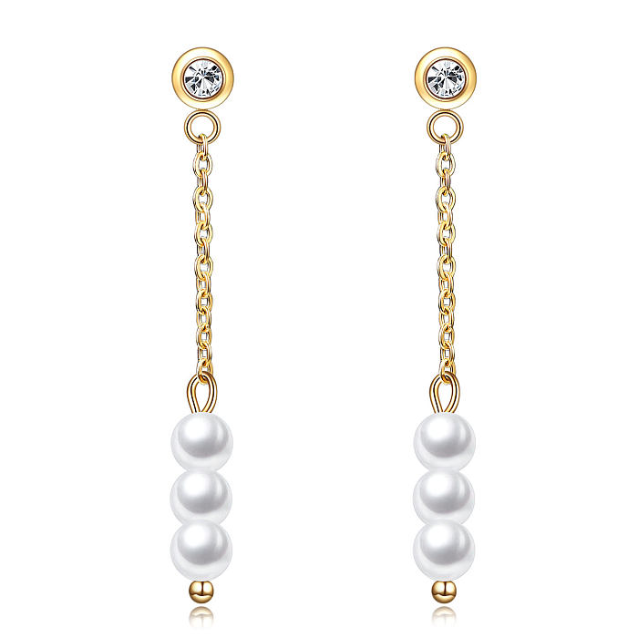 New Style Stainless Steel  18K Gold Plated Inlaid Zircon Pearl Chain Pendant Earrings