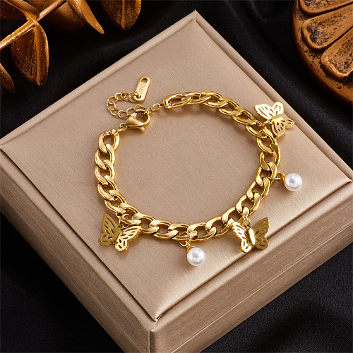 Basic Butterfly Titanium Steel Gold Plated Artificial Pearls Bracelets 1 Piece