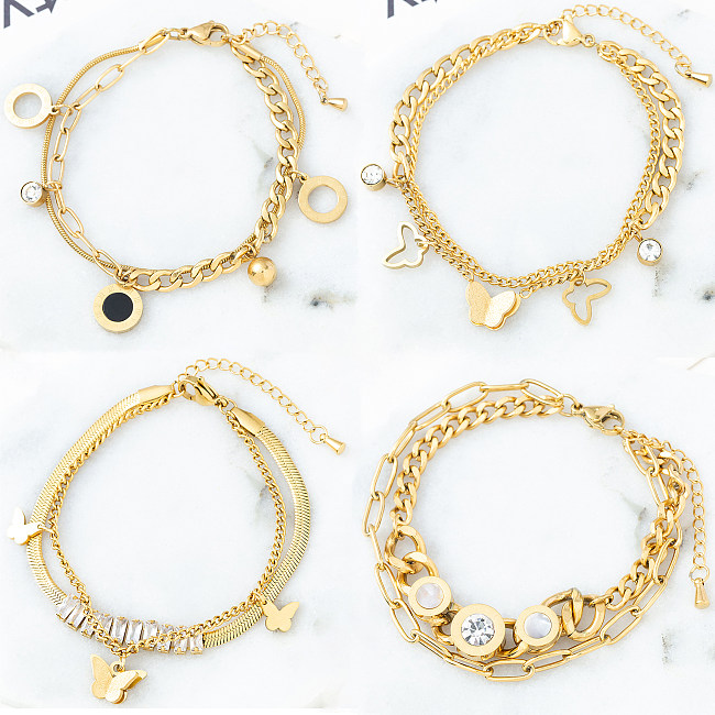 Retro Round Butterfly Stainless Steel Gold Plated Inlay Shell Zircon Bracelets 1 Piece