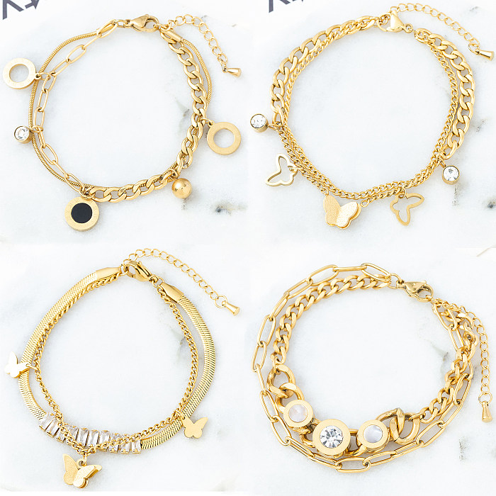 Retro Round Butterfly Stainless Steel Gold Plated Inlay Shell Zircon Bracelets 1 Piece