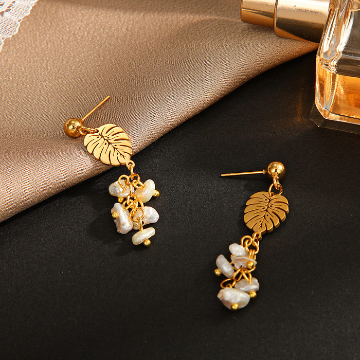 Boucles d'oreilles pendantes en perles artificielles, feuille élégante, incrustation en acier inoxydable, 1 paire