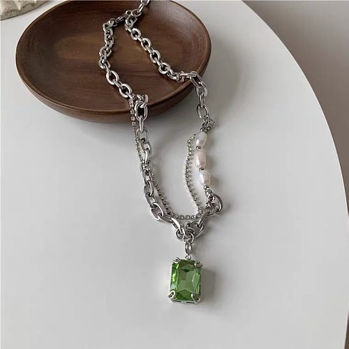 Vintage Emerald Stacked Belt Pearl Hollow Chain Stainless Steel Necklace