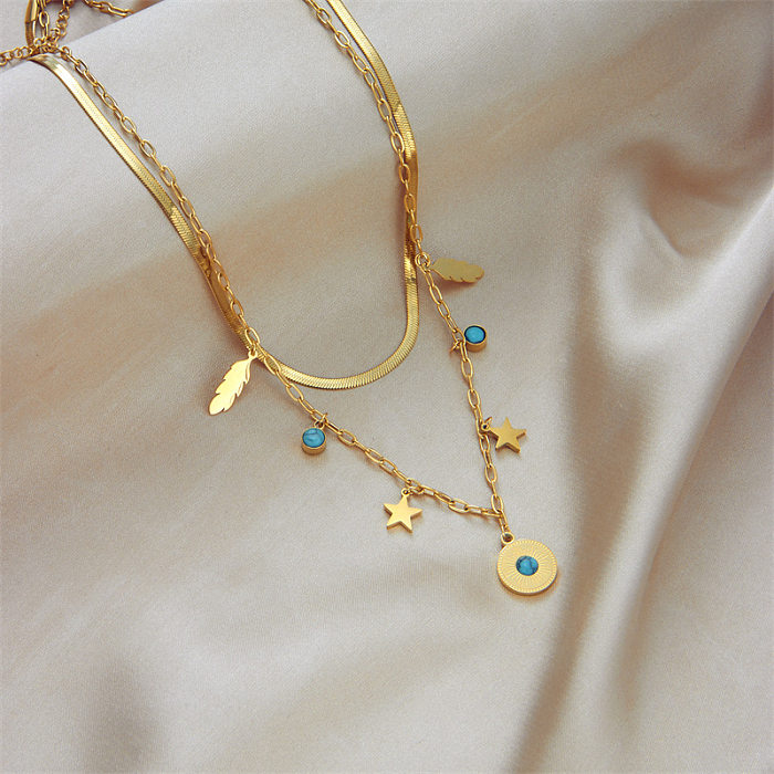 Mehrschichtige Halsketten im Vintage-Stil mit Pentagramm, runden Blättern, Edelstahl, Emaille-Beschichtung, Türkis, 18 Karat vergoldet