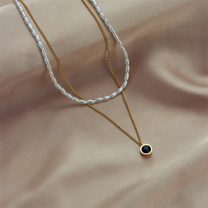 Retro French Style Geometric Imitation Pearl Stainless Steel Plating Inlay Zircon 18K Gold Plated Layered Necklaces