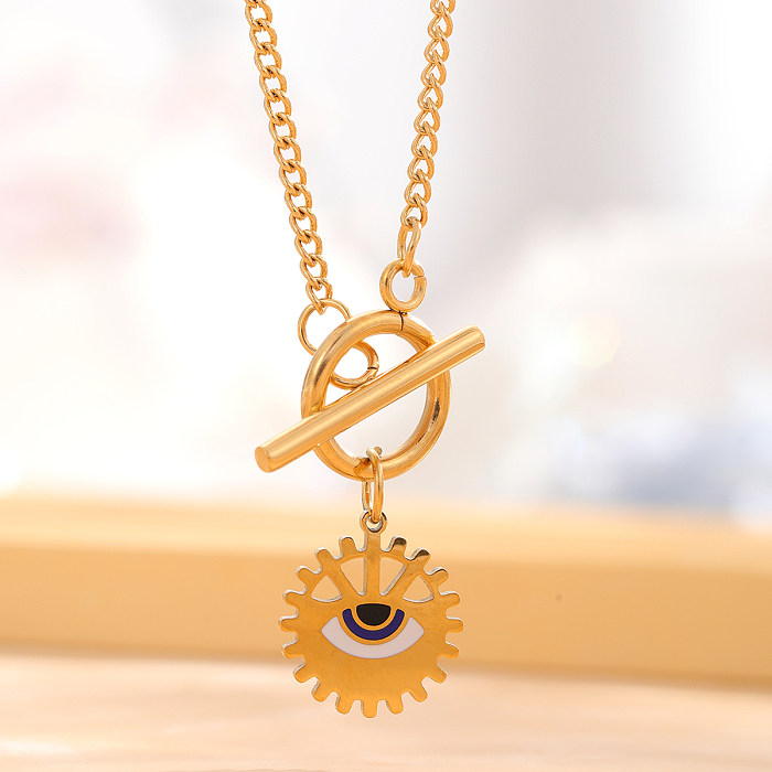 Retro Artistic Eye Stainless Steel Enamel Plating Inlay Rhinestones Gold Plated Pendant Necklace