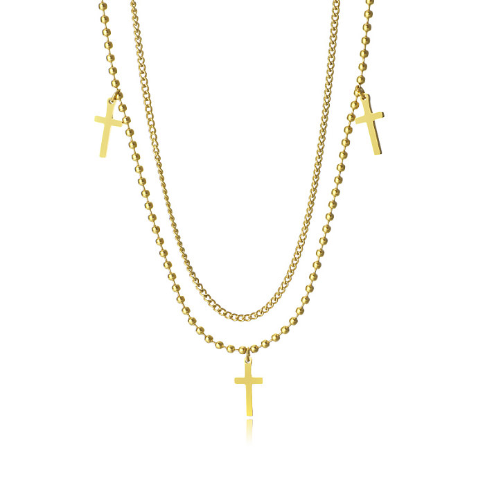 Schlichte Streetwear-Kreuz-Halsketten mit Edelstahlbeschichtung und 18-Karat-Vergoldung, doppellagige Halsketten