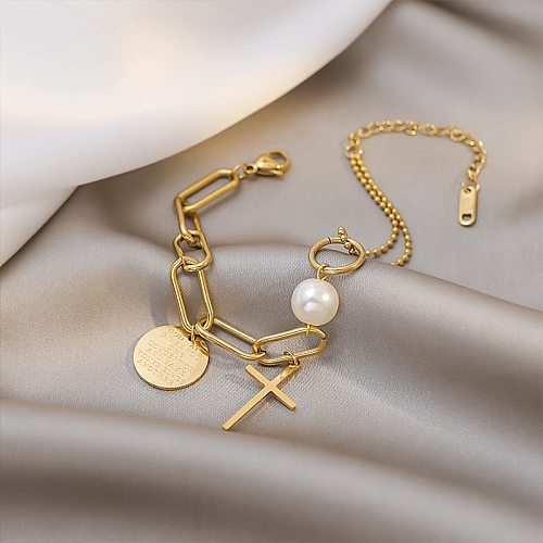 Bracelet de perles en acier titane, chaîne multi-éléments, croix ronde, marque, vente en gros