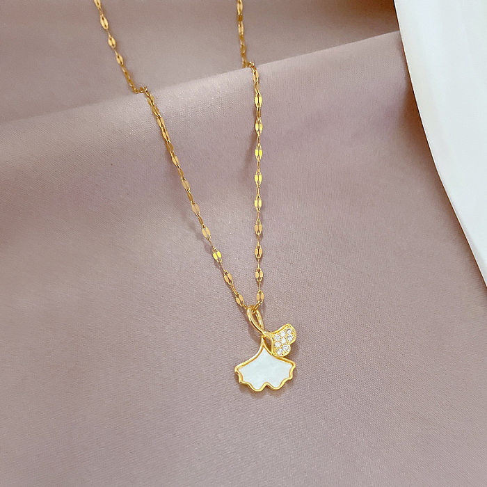 Simple Style Commute Ginkgo Leaf Stainless Steel  Copper Inlay Artificial Gemstones Pendant Necklace