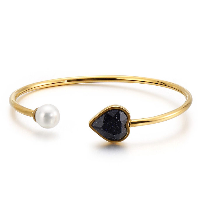 Korean Jewelry Golden Pearl Heart Glass Stone Opening Titanium Steel Bracelet Wholesale