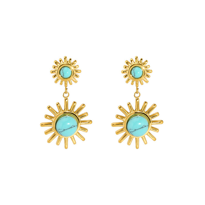 1 Pair Retro Round Square Plating Inlay Stainless Steel  Turquoise Gold Plated Earrings