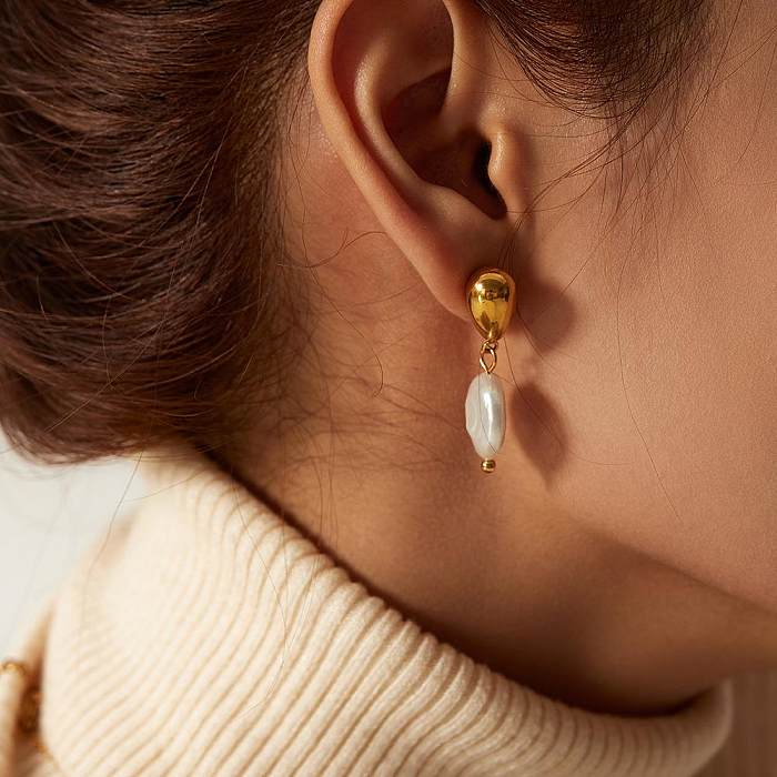 1 paire de boucles d'oreilles pendantes en acier inoxydable, Style Simple, Style classique, plaqué rond, perle d'eau douce, plaqué or