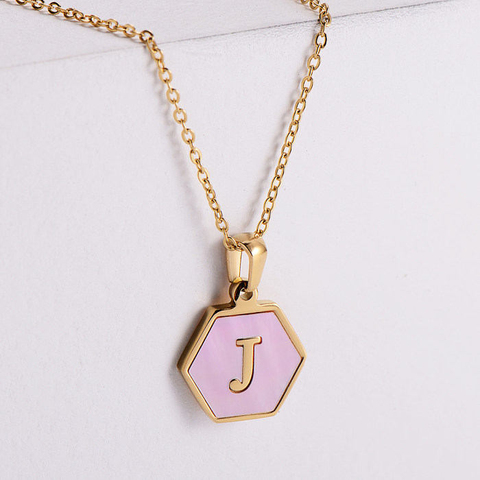 18k Gold Stainless Steel  Pendant Inlaid Pink Shell Letter Necklace