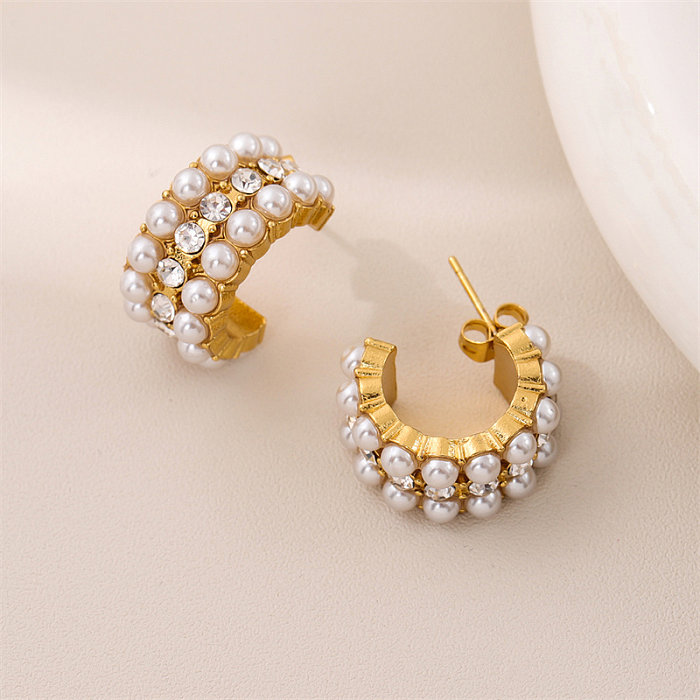 1 Pair Retro Simple Style C Shape Round Plating Stainless Steel  Imitation Pearl 18K Gold Plated Ear Studs