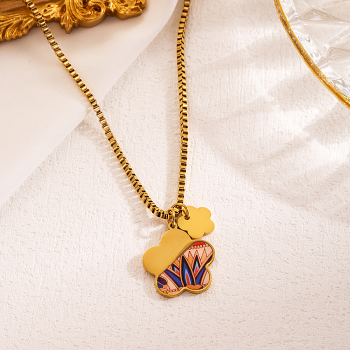 INS Style Artistic Moon Heart Shape Flower Stainless Steel  Enamel Plating Inlay Zircon 18K Gold Plated Pendant Necklace
