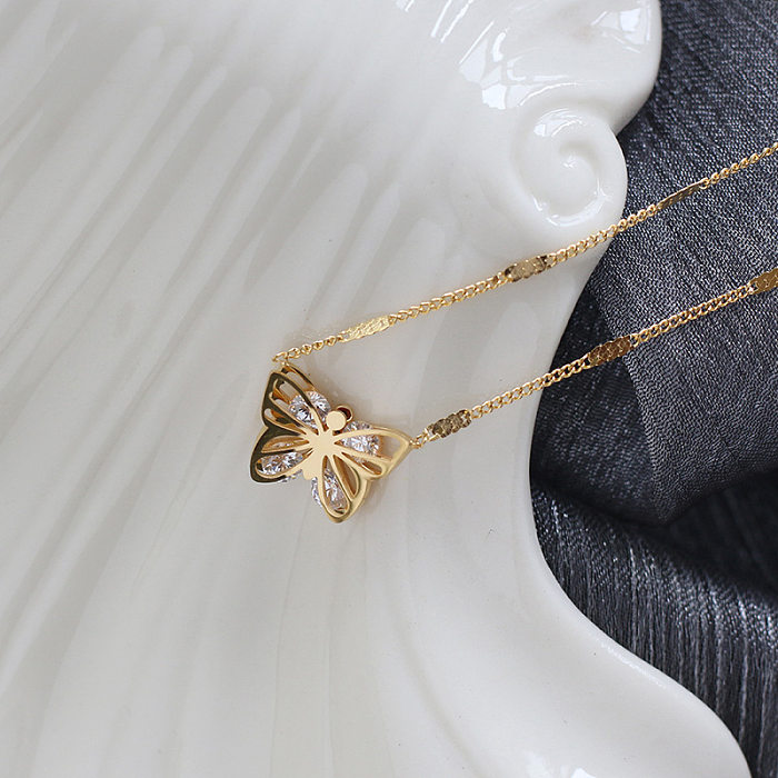 Collier en acier inoxydable avec papillon creux en Zircon, bijoux, vente en gros