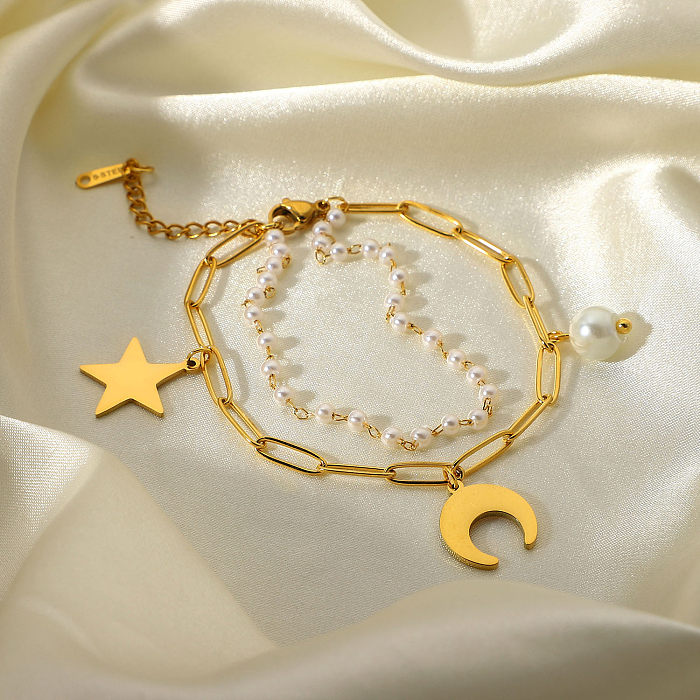 18 Karat vergoldetes Doppelschicht-Armband mit Stern-Mond-Perlen-Anhänger aus Edelstahl