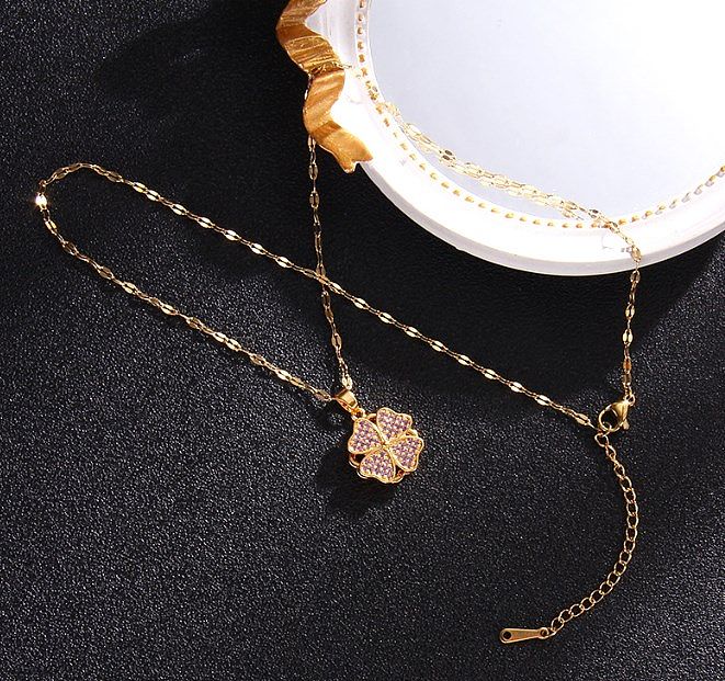 Simple Style Leaf Stainless Steel Inlay Zircon Pendant Necklace