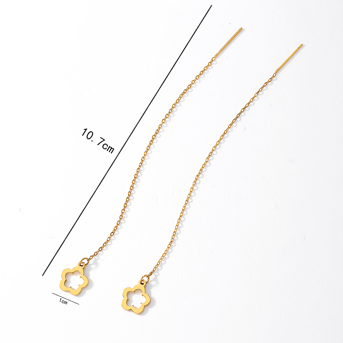 1 par de lujosos estilos simples con forma de corazón ovalado, flor, borla de acero inoxidable, incrustaciones de diamantes, línea de oreja chapada en oro de 18K
