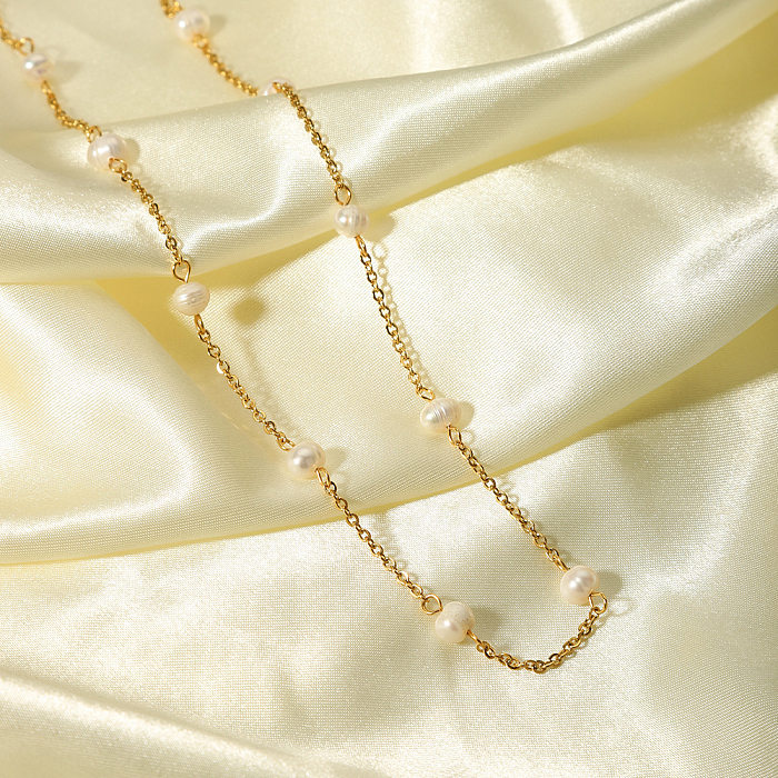 Collier plaqué or 18 carats avec perles d'eau douce en acier inoxydable, style simple et décontracté