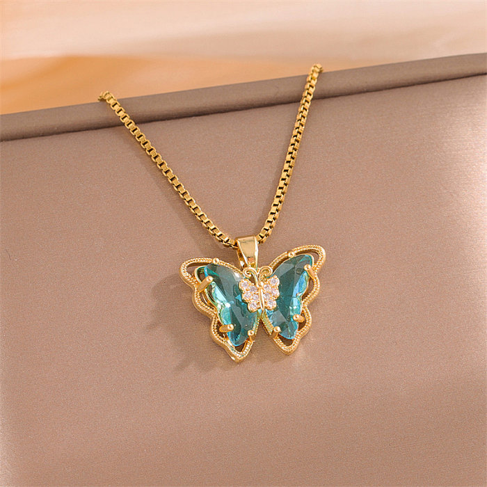 Fairy Style Vacation Modern Style Butterfly Stainless Steel  Stainless Steel Plating Inlay Zircon 18K Gold Plated Pendant Necklace