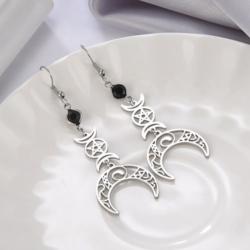 1 paire de boucles d'oreilles pendantes en acier inoxydable, Style Simple, étoile, lune, placage ajouré