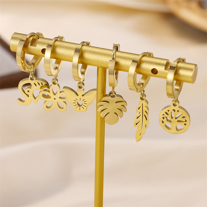 6 peças estilo simples planta de deslocamento assimétrico brincos banhados a ouro 18K de aço inoxidável
