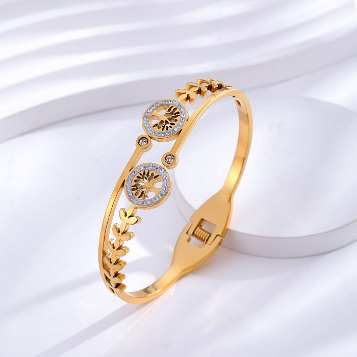 Simple Style Classic Style Four Leaf Clover Tree Heart Shape Titanium Steel Epoxy Plating Inlay Zircon 24K Gold Plated Bangle