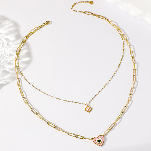 1 Elegant Real Gold Electroplating Oil Dripping Candy Color Flower Love Multi-Layer Necklace All-Match Stainless Steel  Imitation Fade Double-Layer Clavicle Chain