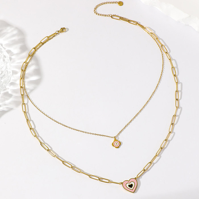 1 elegante mehrschichtige Halskette mit echter Gold-Galvanik, tropfendes Bonbonfarben-Blumen-Liebes-All-Match-Edelstahl-Imitations-Fade-doppelschichtige Schlüsselbeinkette