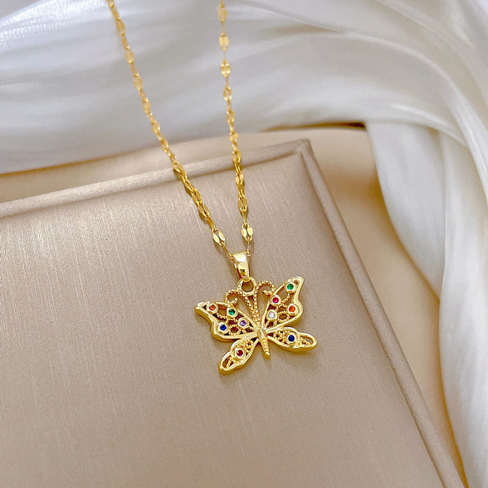 Fashion Butterfly Stainless Steel Copper Plating Inlay Zircon Pendant Necklace