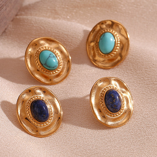 1 Pair Vintage Style Oval Plating Inlay Stainless Steel  Turquoise 18K Gold Plated Ear Studs