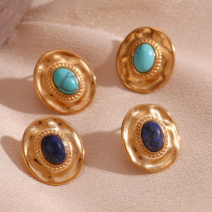 1 paire de clous d'oreilles plaqués or 18 carats, Style Vintage, incrustation ovale en acier inoxydable, Turquoise