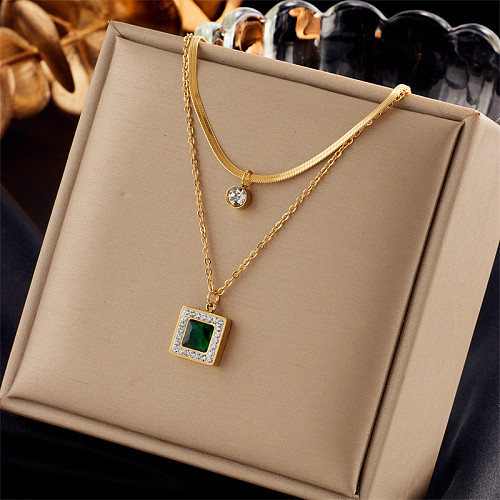 Streetwear Square Stainless Steel Plating Inlay Rhinestones 18K Gold Plated Layered Necklaces