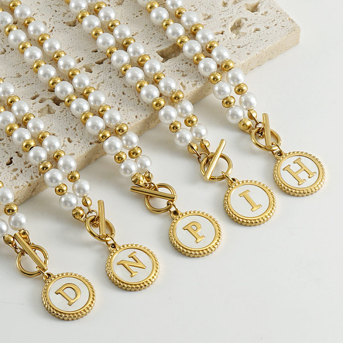 Collier avec pendentif en forme de lettre ronde, Style Simple, Imitation de perle, coquillage incrusté en acier inoxydable, 1 pièce