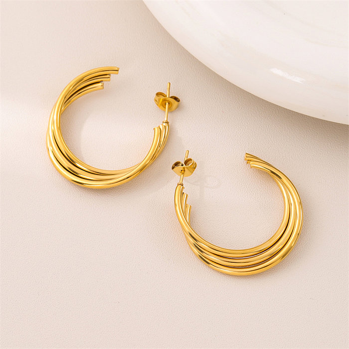 Korean Style Fashionable Design Three-Ring Overlapping Stainless Steel  Eardrop Earrings Simple Trendy Three-Line Twisted C- Shaped N Ear Studs Earrings For Women