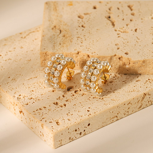 1 par de pendientes chapados en oro de 18K con incrustaciones de acero inoxidable y diamantes de imitación artificiales de estilo Vintage con revestimiento de Color sólido
