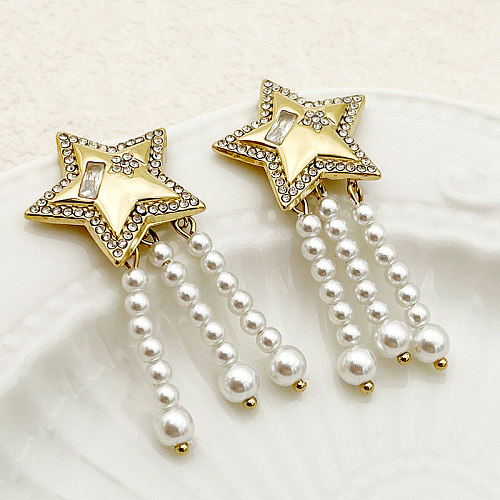 1 paire de boucles d'oreilles pendantes en acier inoxydable avec incrustation d'étoiles et strass plaqués or