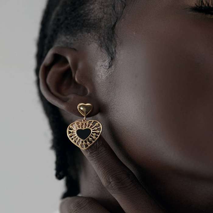 1 paire de boucles d'oreilles pendantes en forme de cœur, Style Simple, incrustation en acier inoxydable, obsidienne plaquée or 18 carats