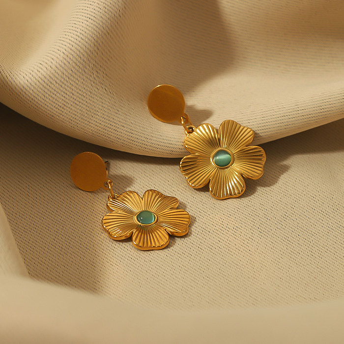 Boucles d'oreilles pendantes en acier inoxydable, 1 paire, Style Vintage, incrustation de fleurs, pierre naturelle, plaqué or 18 carats
