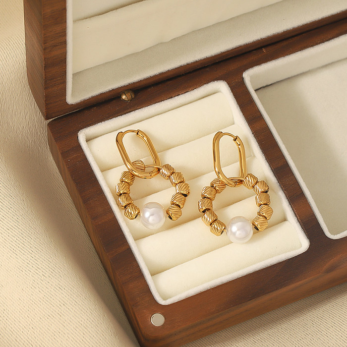 1 paire de boucles d'oreilles en acier inoxydable, Style Vintage, Style classique, cercle rond plaqué, Imitation perle, plaqué or 18 carats