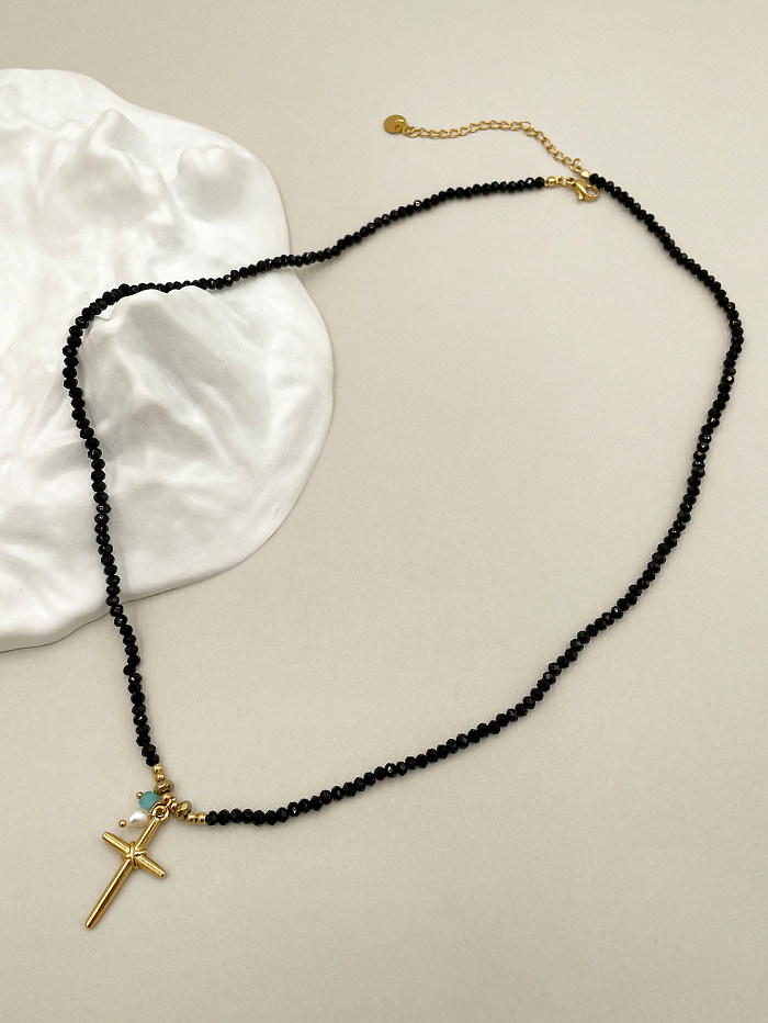 Lässige Commute Cross-Halskette aus Edelstahl mit Kristallperlen, polierter Beschichtung und vergoldeter Halskette