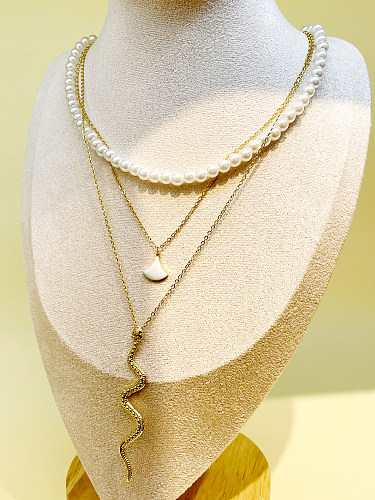 Casual Hip-Hop Sector Serpiente Esmalte de acero inoxidable Chapado en perlas Collares en capas chapados en oro