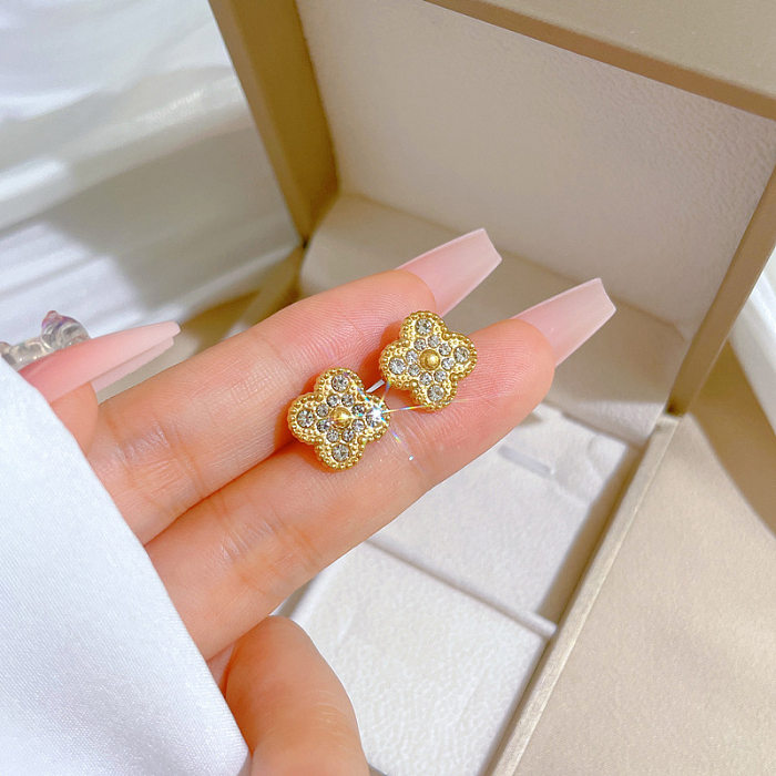 1 Pair Elegant Luxurious Four Leaf Clover Inlay Stainless Steel Artificial Gemstones Ear Studs