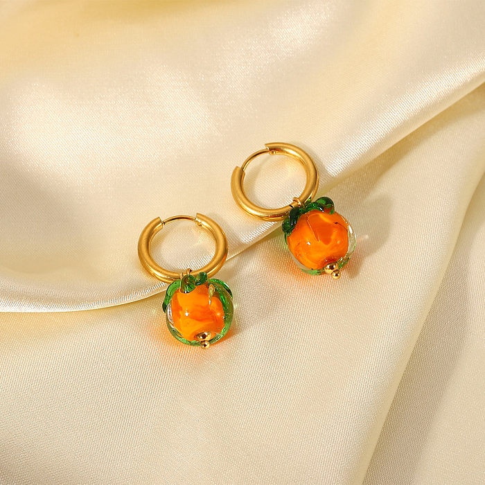 Creative Cute Glass Beads Persimmon Pendant 18K Gold Stainless Steel  Earrings