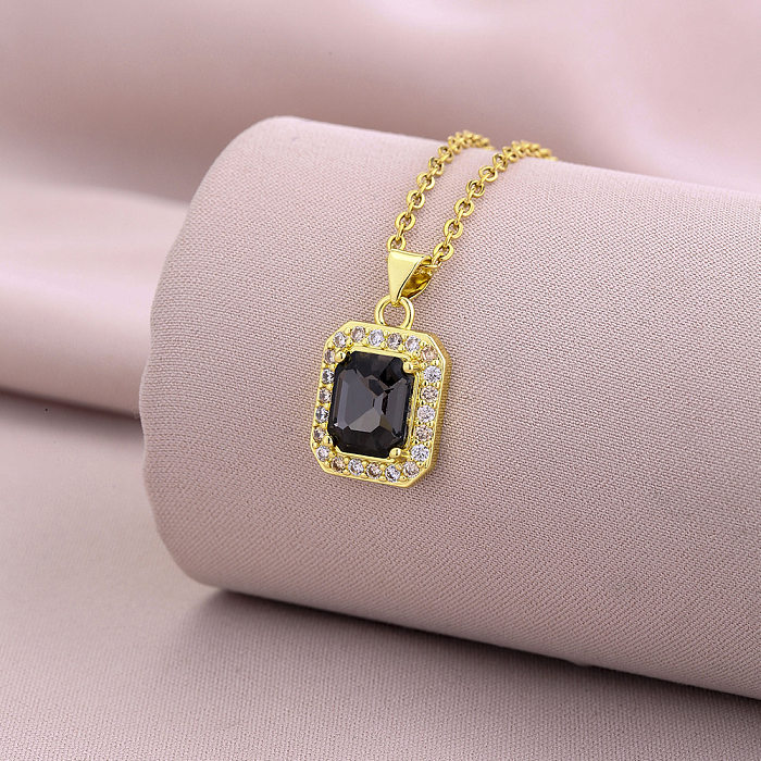 Retro Square Stainless Steel Copper Plating Inlay Zircon 18K Gold Plated Pendant Necklace
